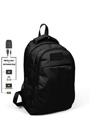 Coral High Kids Siyah Üç Bölmeli USB Şarjlı Kulaklık Çıkışlı Sırt Çantası 24312