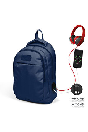 Coral High Kids Lacivert Üç Bölmeli USB Şarjlı Kulaklık Çıkışlı Sırt Çantası 24313