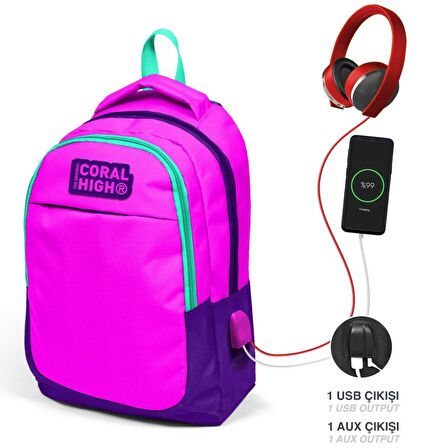 Coral High Pembe Mor Kız Çocuk USB Çıkışlı İlkokul ve Ortaokul Sırt Çantası