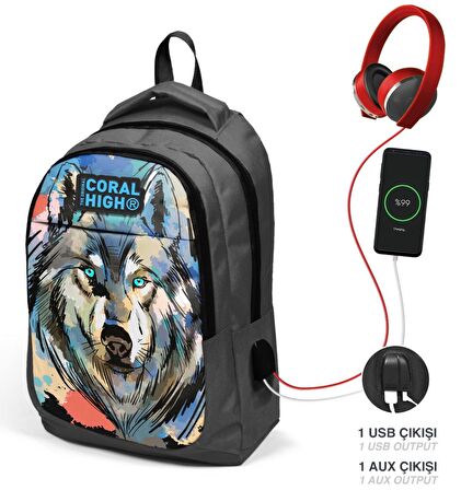 Coral High Siyah Kurt Erkek Çocuk USB Çıkışlı İlkokul ve Ortaokul Sırt Çantası