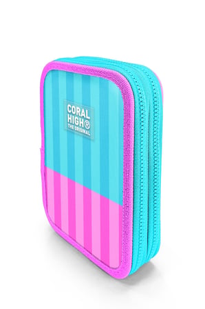 Coral High Kids Turkuaz Pembe Çizgili Desenli Çift Katlı Kalem Çanta 31120