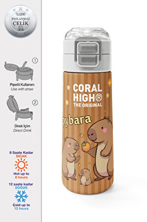 Coral High Kids Kapibara Desenli Pipetli ve Direkt İçim Çelik Termos 500 ml 31790