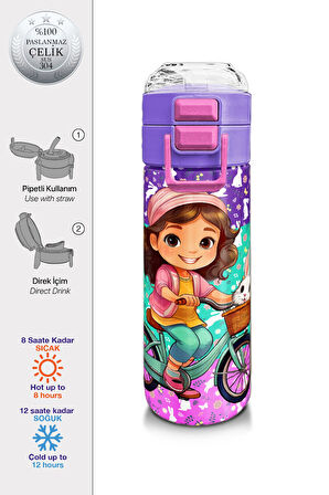 Coral High Kids Mor Pembe Bisikletli Kız Desenli Pipetli ve Direkt İçim Çelik Termos 500 ml 31797
