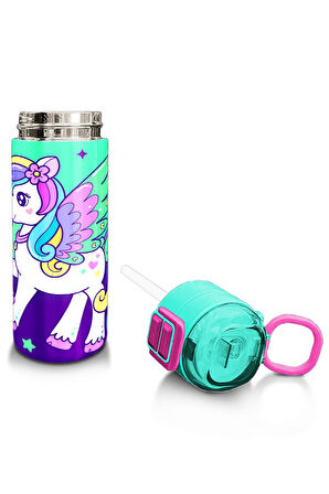 Coral High Kids Mor Su Yeşili Unicorn Desenli Pipetli ve Direkt İçim Çelik Termos 500 ml 31805