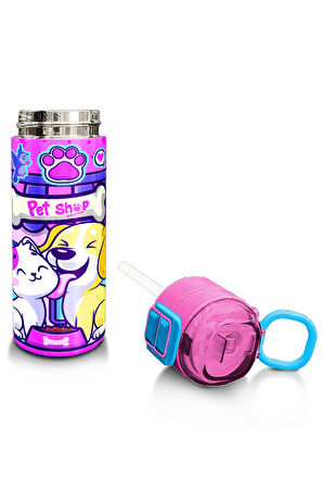 Coral High Kids Kedi Köpek Desenli Pipetli ve Direkt İçim Çelik Termos 500 ml 31810