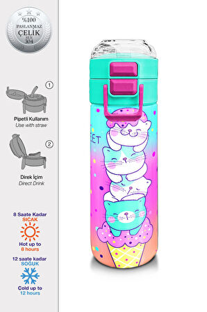 Coral High KidsRenkli Dondurmalı Kedi Desenli Pipetli ve Direkt İçim Çelik Termos 500 ml 31812