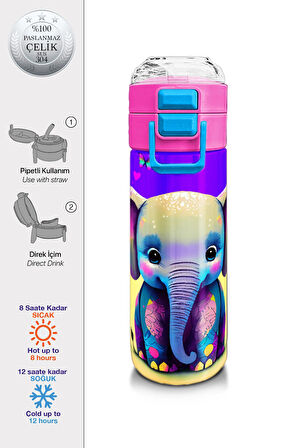 Coral High Kids Pembe Turkuaz Fil Desenli Pipetli ve Direkt İçim Çelik Termos 500 ml 31814