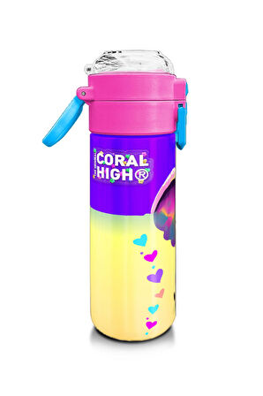 Coral High Kids Pembe Turkuaz Fil Desenli Pipetli ve Direkt İçim Çelik Termos 500 ml 31814