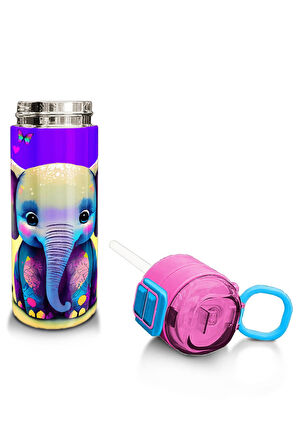 Coral High Kids Pembe Turkuaz Fil Desenli Pipetli ve Direkt İçim Çelik Termos 500 ml 31814
