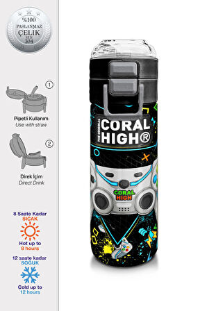Coral High Kids Siyah Fosforlu Yeşil Gamer Desenli Pipetli ve Direkt İçim Çelik Termos 500 ml 31817