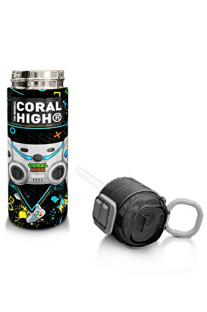 Coral High Kids Siyah Fosforlu Yeşil Gamer Desenli Pipetli ve Direkt İçim Çelik Termos 500 ml 31817