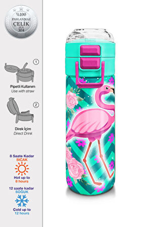 Coral High Kids Su Yeşili Pembe Flamingo Desenli Pipetli ve Direkt İçim Çelik Termos 500 ml 31820