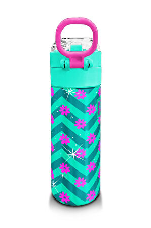 Coral High Kids Su Yeşili Pembe Flamingo Desenli Pipetli ve Direkt İçim Çelik Termos 500 ml 31820