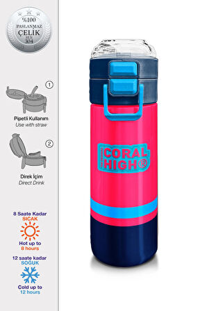 Coral High Kids Neon Mercan Lacivert Pipetli ve Direkt İçim Çelik Termos 500 ml 31823