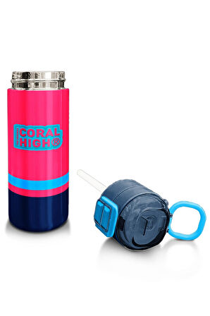 Coral High Kids Neon Mercan Lacivert Pipetli ve Direkt İçim Çelik Termos 500 ml 31823
