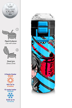 Coral High Kids Siyah Mavi Anime Desenli Pipetli ve Direkt İçim Çelik Termos 500 ml 31840