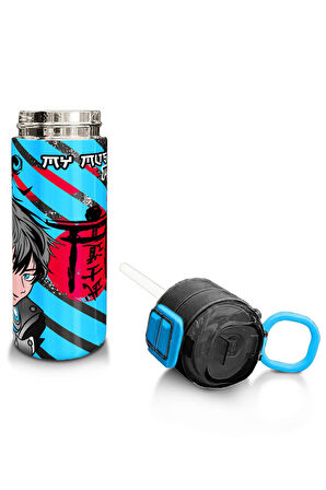 Coral High Kids Siyah Mavi Anime Desenli Pipetli ve Direkt İçim Çelik Termos 500 ml 31840