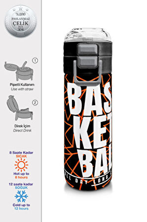 Coral High Kids Siyah Basketbol Desenli Pipetli ve Direkt İçim Çelik Termos 500 ml 31852