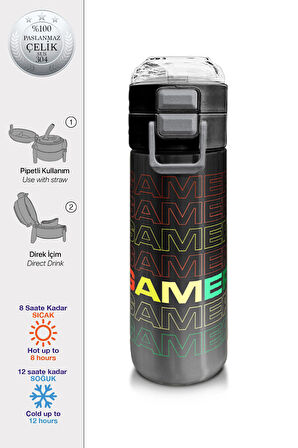 Coral High Kids Siyah Gri Gamer Desenli Pipetli ve Direkt İçim Çelik Termos 500 ml 31853