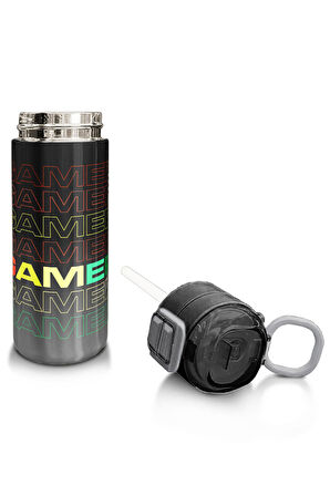 Coral High Kids Siyah Gri Gamer Desenli Pipetli ve Direkt İçim Çelik Termos 500 ml 31853