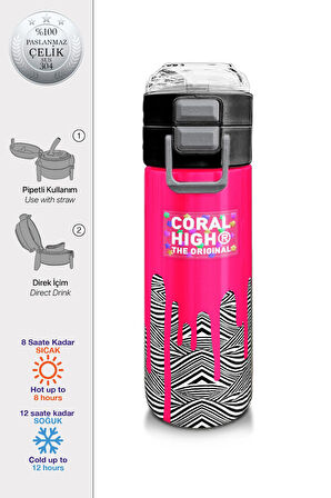 Coral High Kids Pembe Siyah BeyazDesenli Pipetli ve Direkt İçim Çelik Termos 500 ml 31878