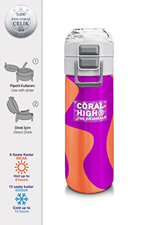Coral High Kids Koyu Pembe Turuncu Desenli Pipetli ve Direkt İçim Çelik Termos 500 ml 31884