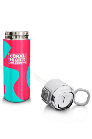 Coral High Kids Neon Mercan Turuncu Desenli Pipetli ve Direkt İçim Çelik Termos 500 ml 31885