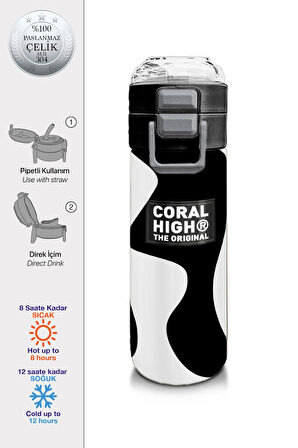 Coral High Kids Siyah Beyaz Desenli Pipetli ve Direkt İçim Çelik Termos 500 ml 31887