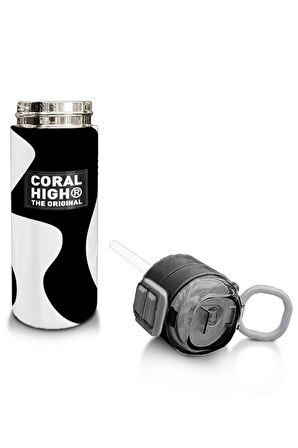 Coral High Kids Siyah Beyaz Desenli Pipetli ve Direkt İçim Çelik Termos 500 ml 31887
