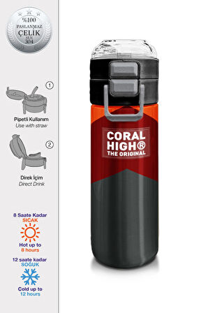Coral High Kids Turuncu Bordo Desenli Pipetli ve Direkt İçim Çelik Termos 500 ml 31892