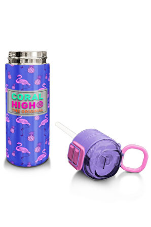Coral High Kids Lavanta Pembe Flamingo Desenli Pipetli ve Direkt İçim Çelik Termos 500 ml 31905