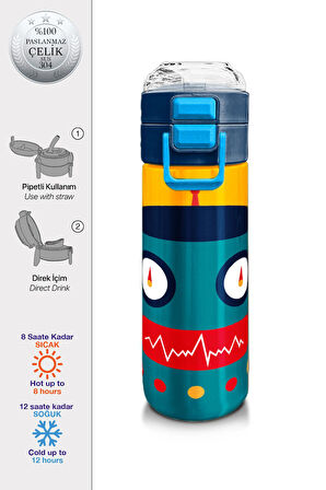 Coral High Kids Lacivert Çivit Robot Desenli Pipetli ve Direkt İçim Çelik Termos 500 ml 31918