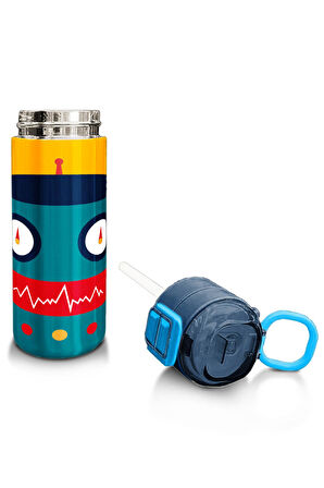 Coral High Kids Lacivert Çivit Robot Desenli Pipetli ve Direkt İçim Çelik Termos 500 ml 31918