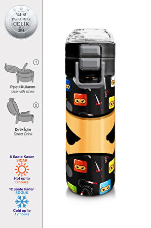 Coral High Kids Siyah Ninja Desenli Pipetli ve Direkt İçim Çelik Termos 500 ml 31919