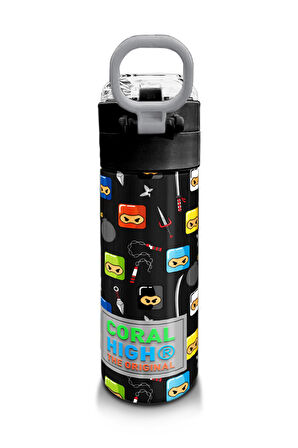 Coral High Kids Siyah Ninja Desenli Pipetli ve Direkt İçim Çelik Termos 500 ml 31919
