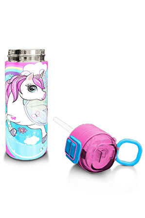 Coral High Kids Mavi Neon Pembe Unicorn Desenli Pipetli ve Direkt İçim Çelik Termos 500 ml 31925