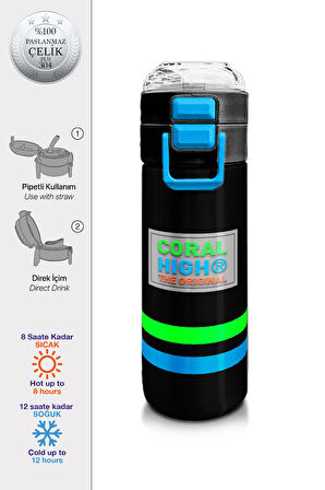 Coral High Kids Siyah Pipetli ve Direkt İçim Çelik Termos 500 ml 31929