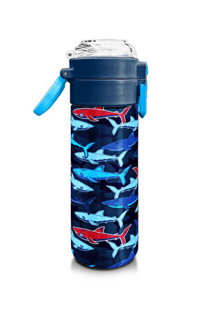 Coral High Kids Lacivert Kırmızı Köpek Balığı Desenli Pipetli ve Direkt İçim Çelik Termos 500 ml 31930