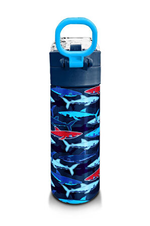 Coral High Kids Lacivert Kırmızı Köpek Balığı Desenli Pipetli ve Direkt İçim Çelik Termos 500 ml 31930