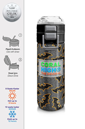 Coral High Kids Gri Hardal Yarasa Desenli Pipetli ve Direkt İçim Çelik Termos 500 ml 31932