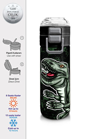Coral High Kids Koyu Yeşil Siyah Dinozor Desenli Pipetli ve Direkt İçim Çelik Termos 500 ml 31934