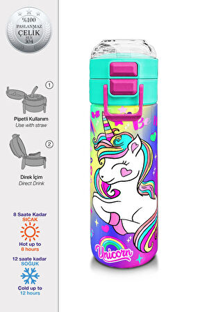 Coral High Kids Lavanta Su Yeşili Unicorn Desenli Pipetli ve Direkt İçim Çelik Termos 500 ml 31937