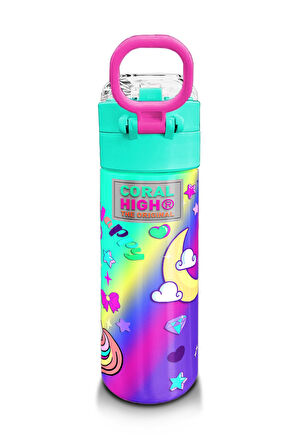 Coral High Kids Lavanta Su Yeşili Unicorn Desenli Pipetli ve Direkt İçim Çelik Termos 500 ml 31937
