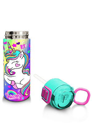 Coral High Kids Lavanta Su Yeşili Unicorn Desenli Pipetli ve Direkt İçim Çelik Termos 500 ml 31937