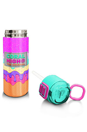 Coral High Kids Pembe Rengarenk Dondurma Desenli Pipetli ve Direkt İçim Çelik Termos 500 ml 31938