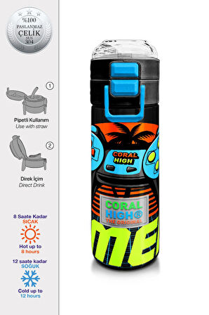 Coral High Kids Gri Turuncu Gamer Desenli Pipetli ve Direkt İçim Çelik Termos 500 ml 31947