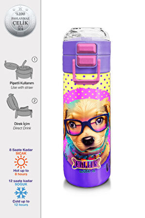 Coral High Kids Sarı Pembe Sevimli Köpek Desenli Pipetli ve Direkt İçim Çelik Termos 500 ml 31953