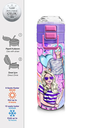 Coral High Kids Pembe Mor Fashion Girl Desenli Pipetli ve Direkt İçim Çelik Termos 500 ml 31956