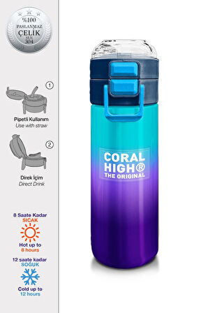 Coral High Kids Mor Renk Geçişli Desenli Pipetli ve Direkt İçim Çelik Termos 500 ml 31964