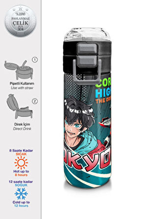 Coral High Kids Gri Nefti Anime Motorsiklet Desenli Pipetli ve Direkt İçim Çelik Termos 500 ml 31965